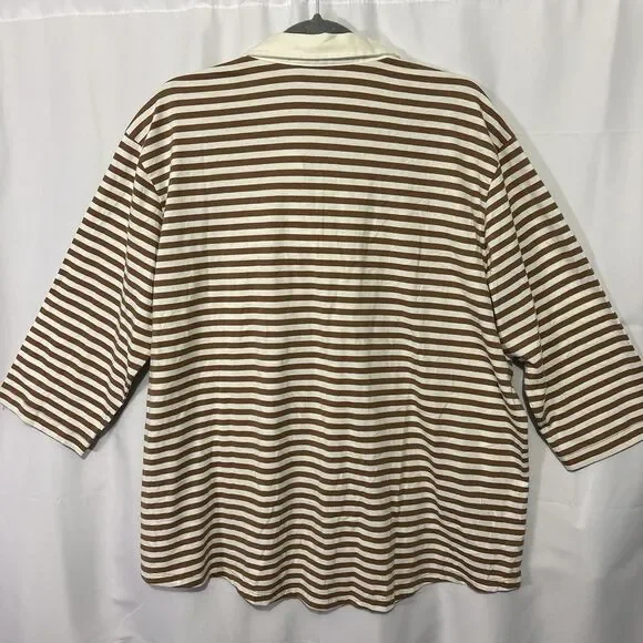 Lands End Polo Shirt Womens Brown White Stripe Long Sleeve Rugby Top 1X Preppy - Picture 8 of 8
